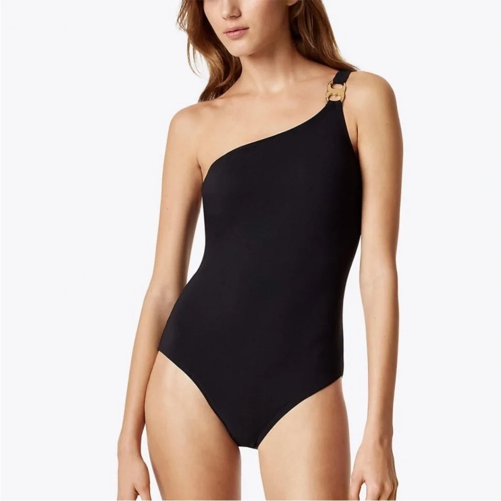 Tory Burch Gemini Link Silver Metal One Shoulder One Piece‎ Swimsuit Black NWT